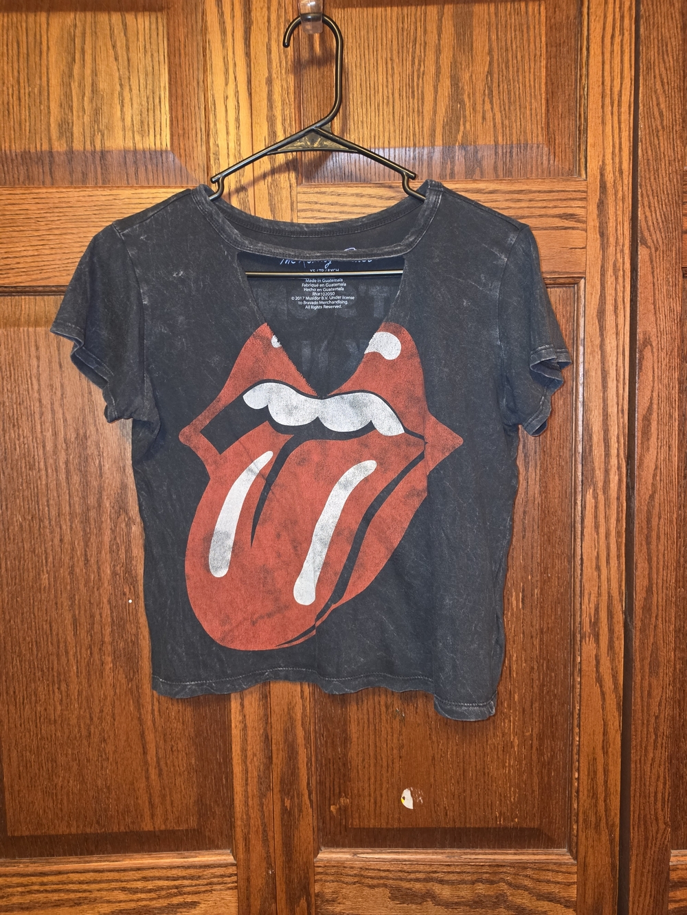 the Rolling Stones Black Crop Top with Red Tongue Graphic